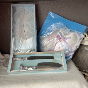 Wedding set! Pillow, garter, pen, pen base, cake knife and spatula 6 pieces
